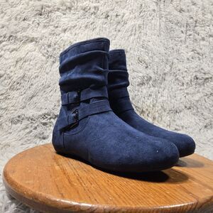 Herstyle Lindell Womens 7 Blue Fashion Slouch 2 Buckle Straps Flat Ankle Boots